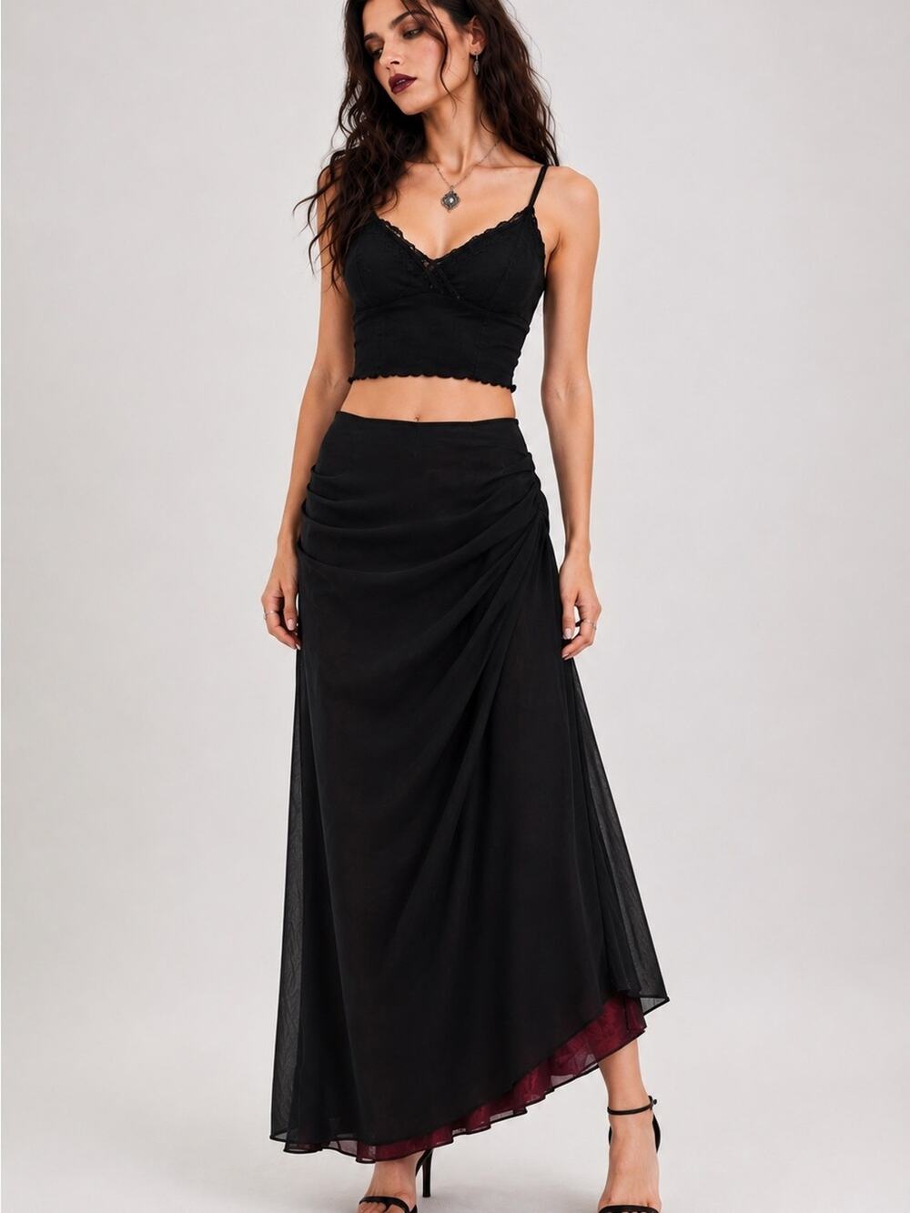 Y2K Sheer Overlay Maxi Skirt Iridescent Lining Ruched Sz M Whimsigoth Asymmetric